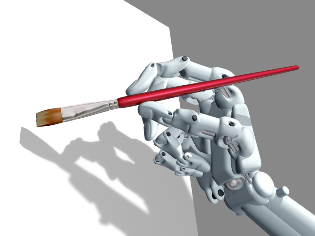 robot holding painbrush up to blank canvas